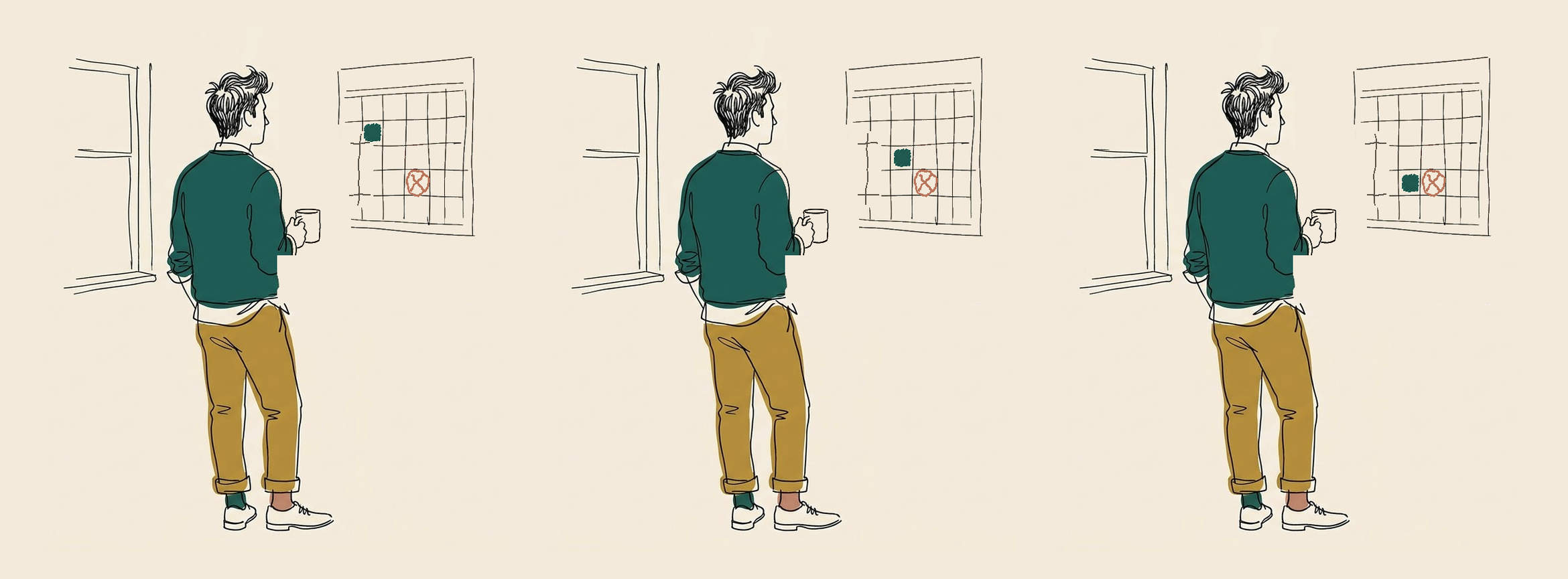Three-panel illustration of Sam standing with a mug beside a wall calendar.